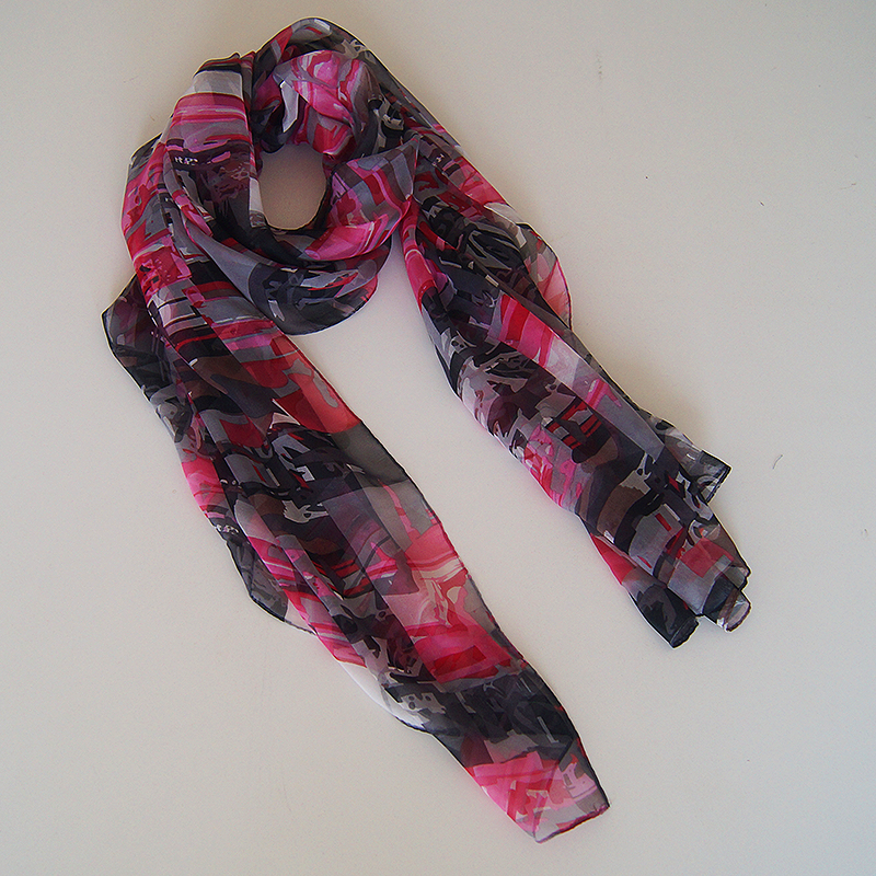 Foulard de Seda Chiffon - Negro y Rosado