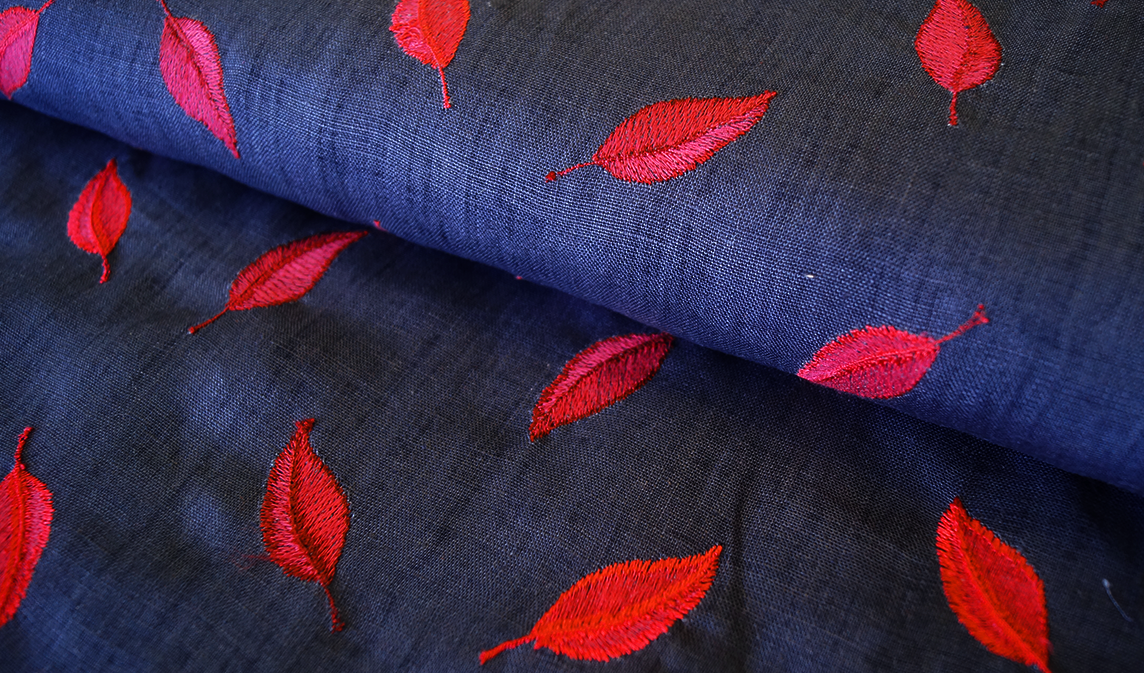 Lino 100% Natural - Azul con Hojas Bordadas