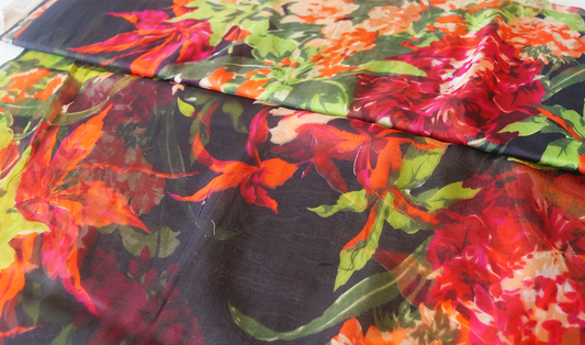 Seda Chiffón - Floral Coral y Verde