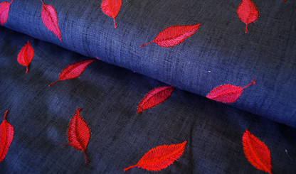 Lino 100% Natural - Azul con Hojas Bordadas