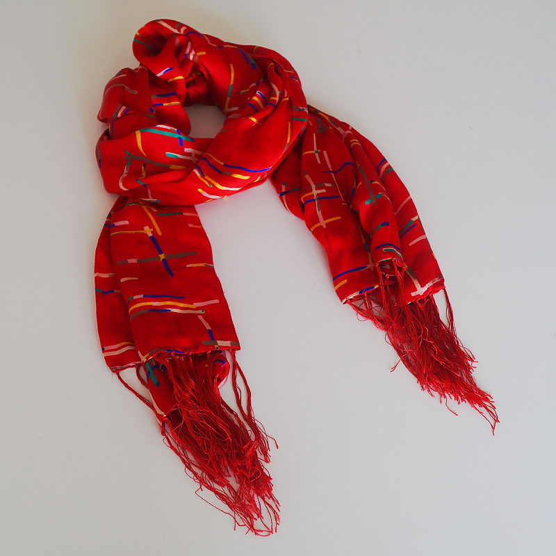 Foulard de Seda con Flecos - Rojo Lineas Multicolor