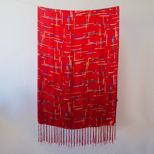 Foulard de Seda con Flecos - Rojo Lineas Multicolor