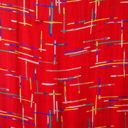 Foulard de Seda con Flecos - Rojo Lineas Multicolor