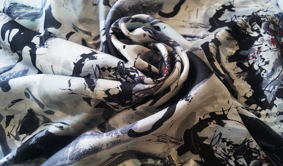 Seda Chiffón - Flores Abstractas Negro & Gris